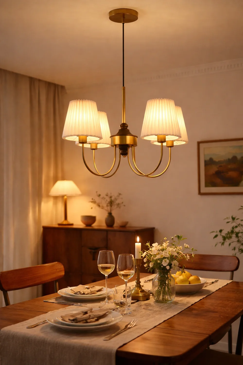 Vintage Pleated Pendant Lampshade Brass Dining Room Chandelier - Lumpaz