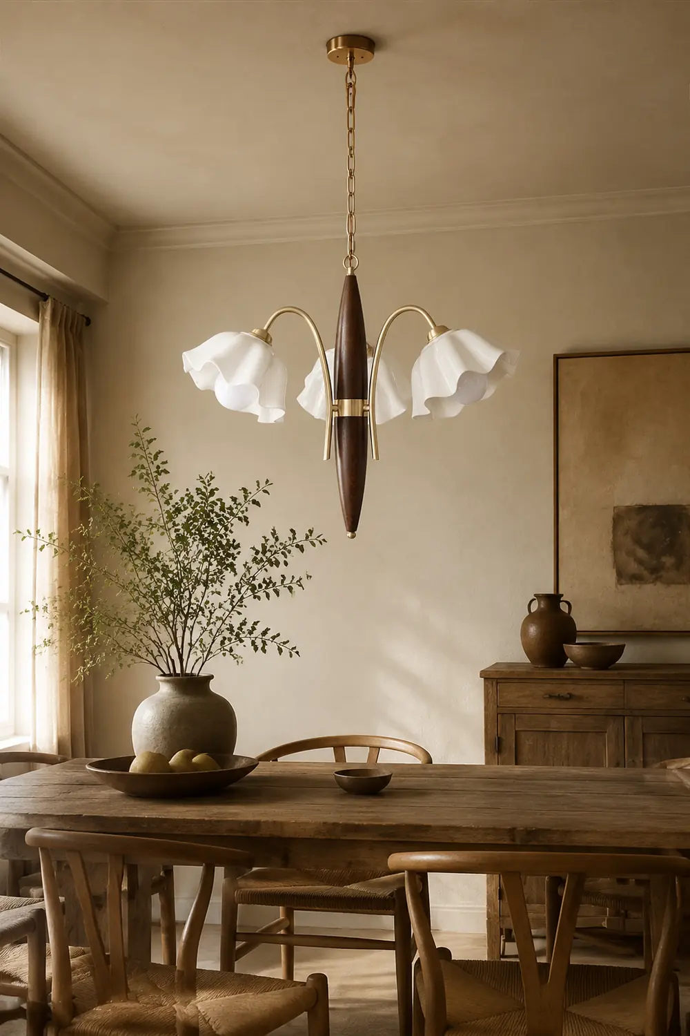 Vintage Ceramic Flower Shape Hanging Light Walnut Brass Chandelier - Lumpaz
