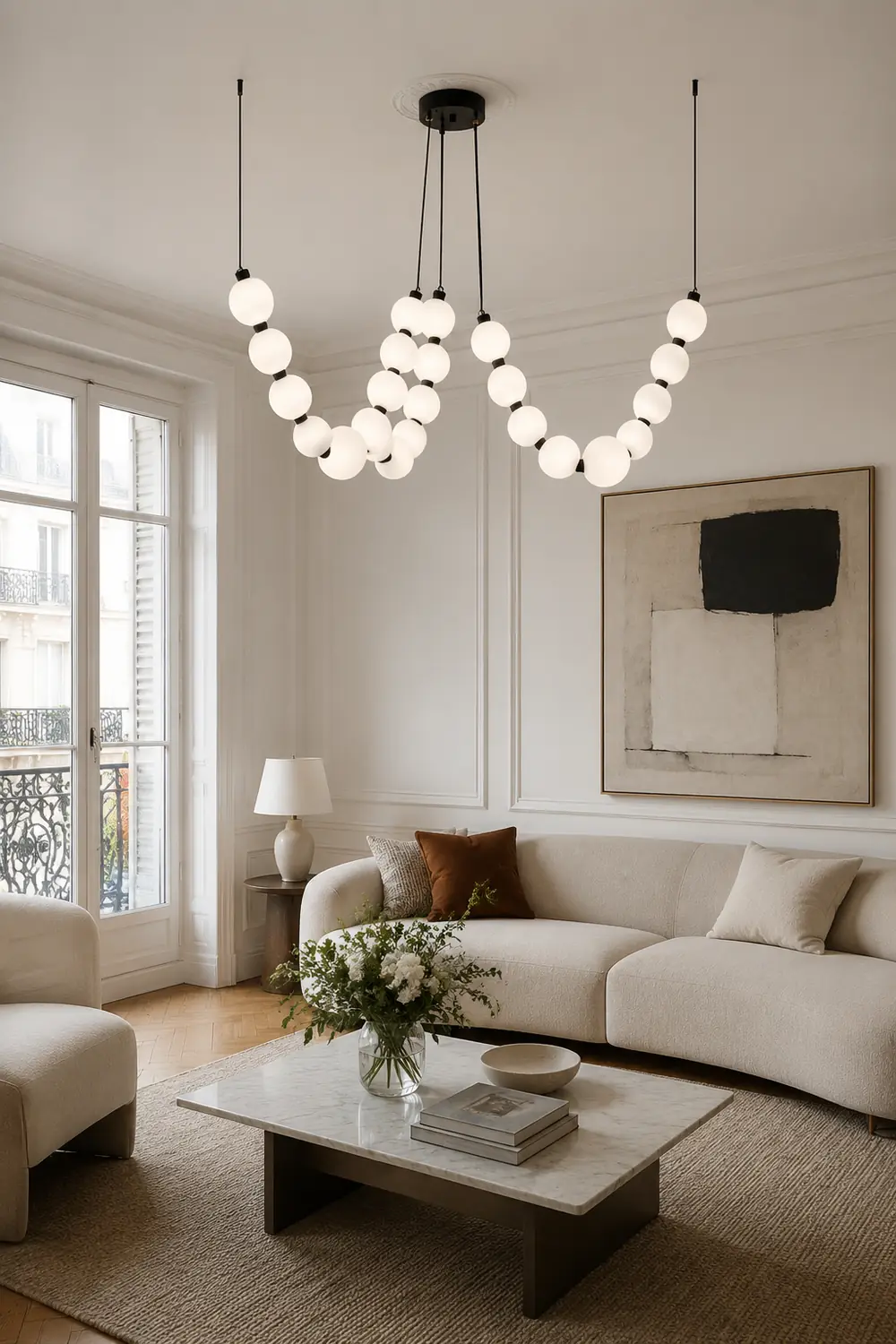 White Ball Bubble Brushed Copper Large Chandelier - Lumpaz