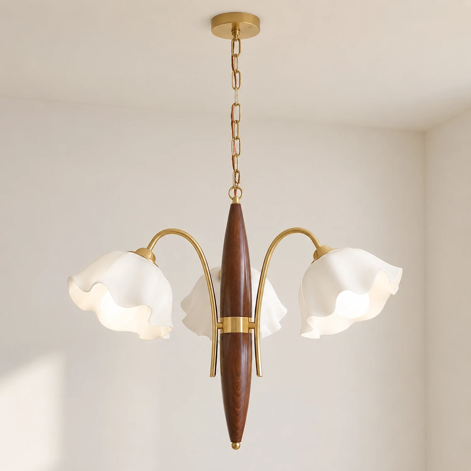 Vintage Ceramic Flower Shape Hanging Light Walnut Brass Chandelier - Lumpaz
