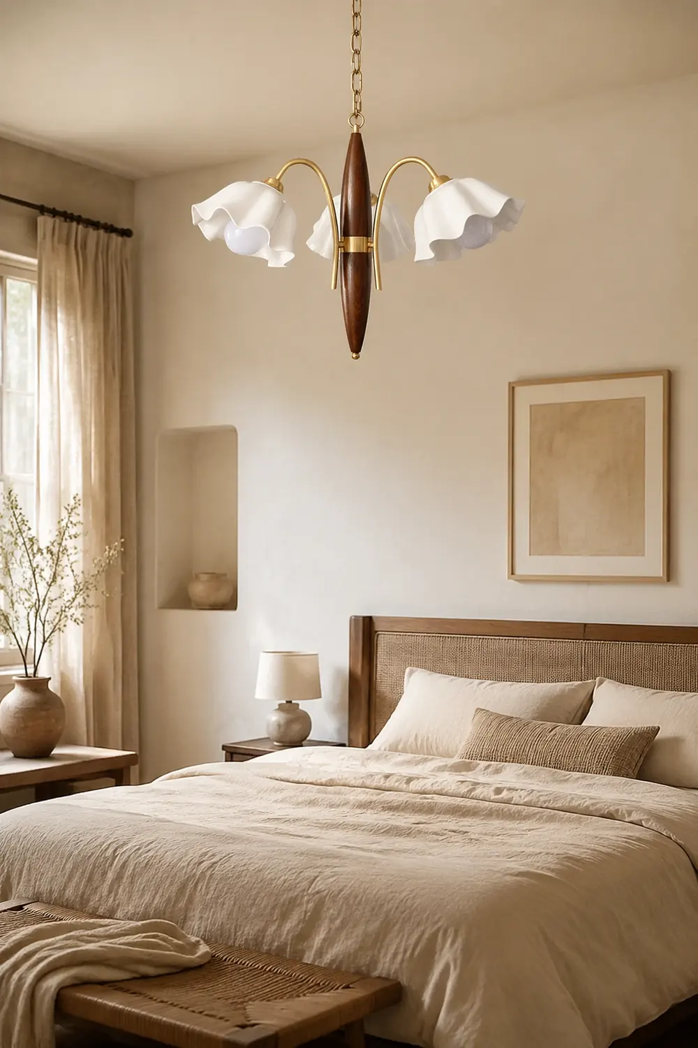 Vintage Ceramic Flower Shape Hanging Light Walnut Brass Chandelier - Lumpaz