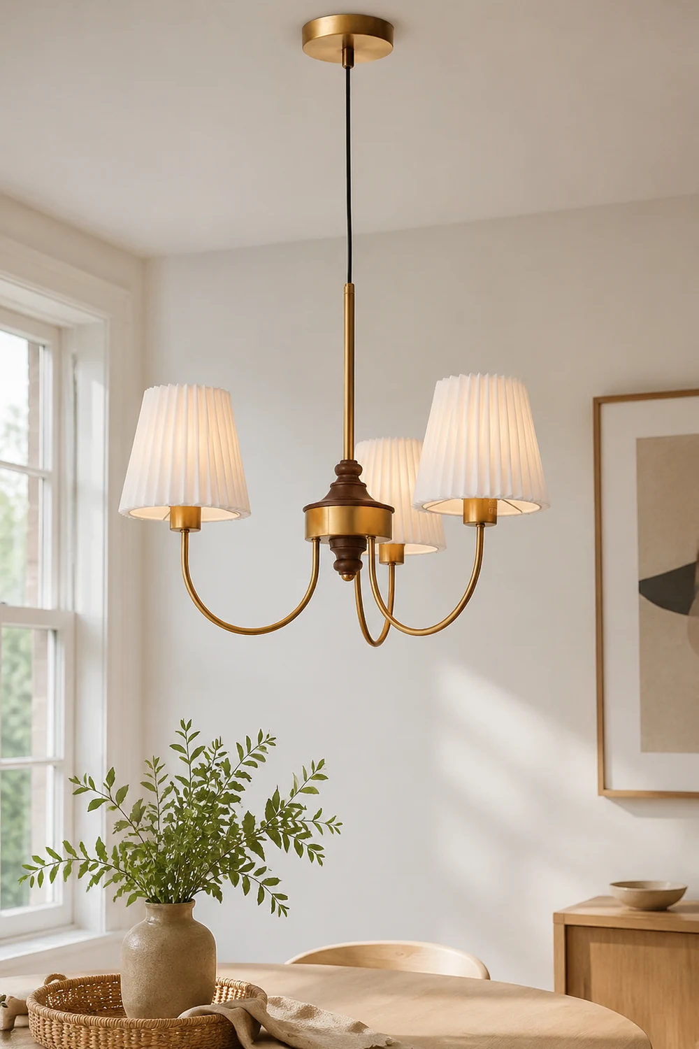 Vintage Pleated Pendant Lampshade Brass Dining Room Chandelier - Lumpaz