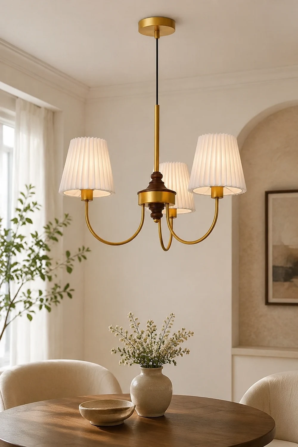 Vintage Pleated Pendant Lampshade Brass Dining Room Chandelier - Lumpaz