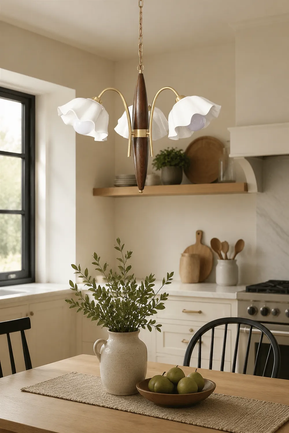 Vintage Ceramic Flower Shape Hanging Light Walnut Brass Chandelier - Lumpaz