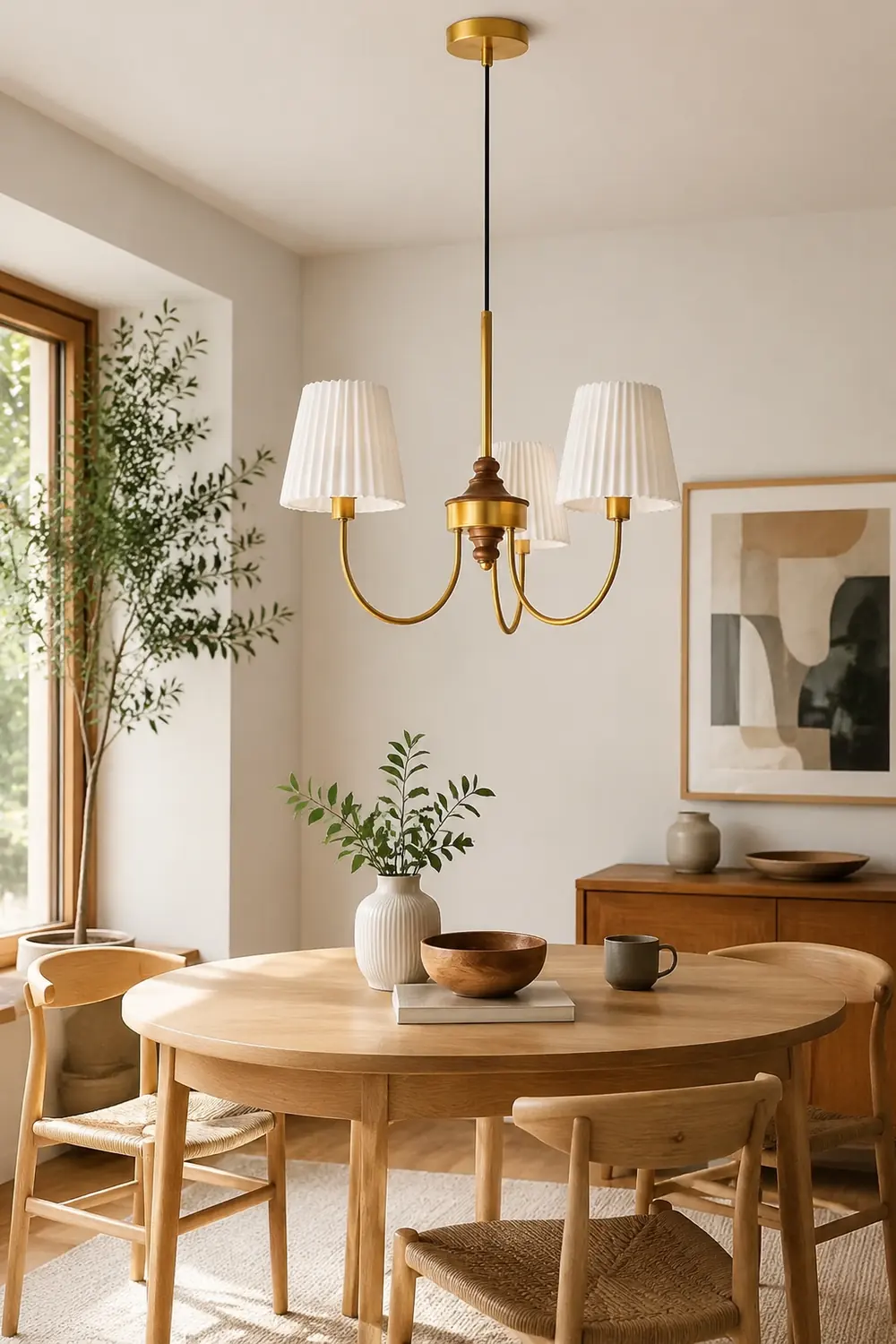 Vintage Pleated Pendant Lampshade Brass Dining Room Chandelier - Lumpaz