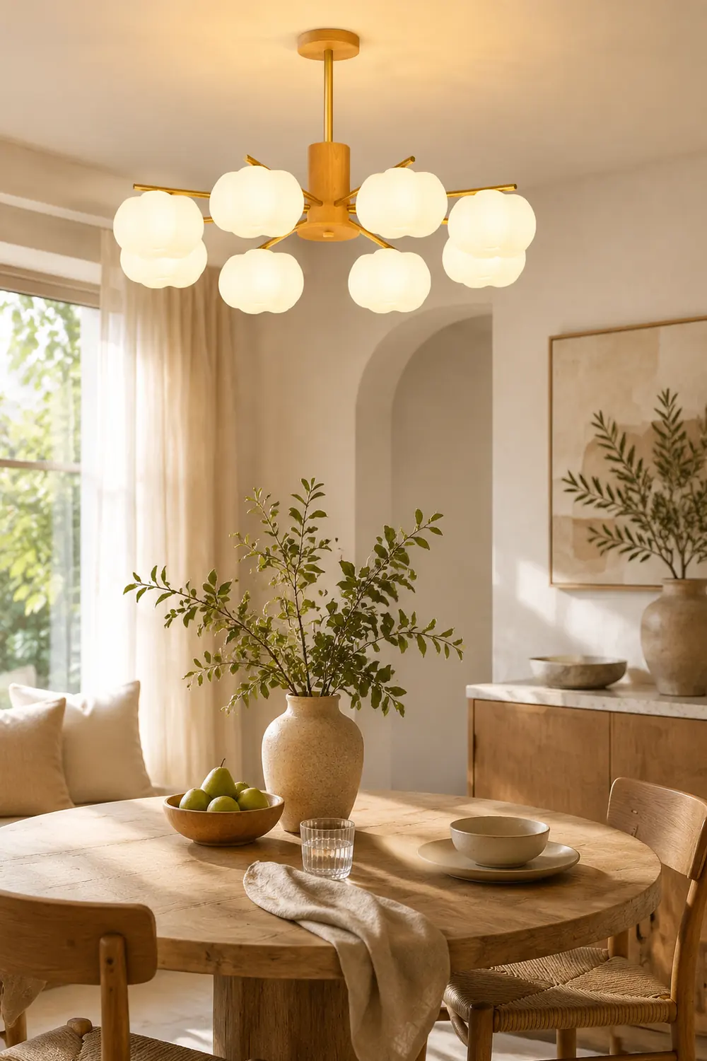 Cream Style Wooden Cotton Balls Chandelier For Living Room - Lumpaz