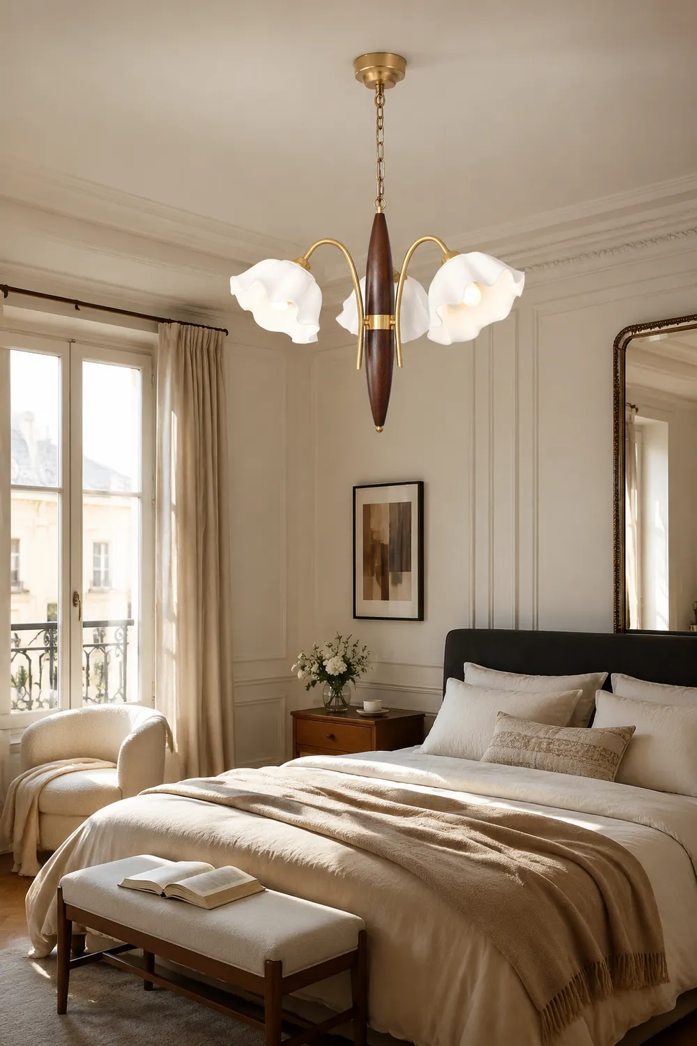 Vintage Ceramic Flower Shape Hanging Light Walnut Brass Chandelier - Lumpaz
