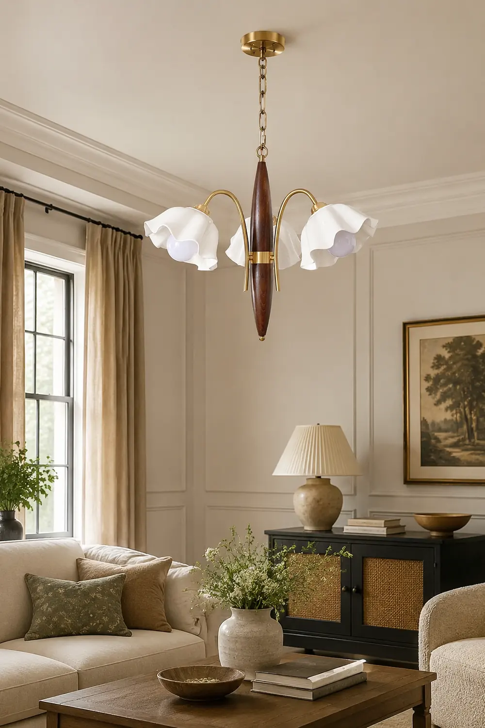 Vintage Ceramic Flower Shape Hanging Light Walnut Brass Chandelier - Lumpaz
