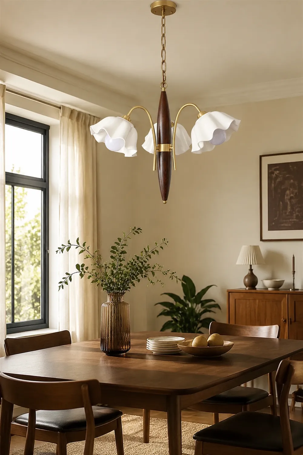 Vintage Ceramic Flower Shape Hanging Light Walnut Brass Chandelier - Lumpaz