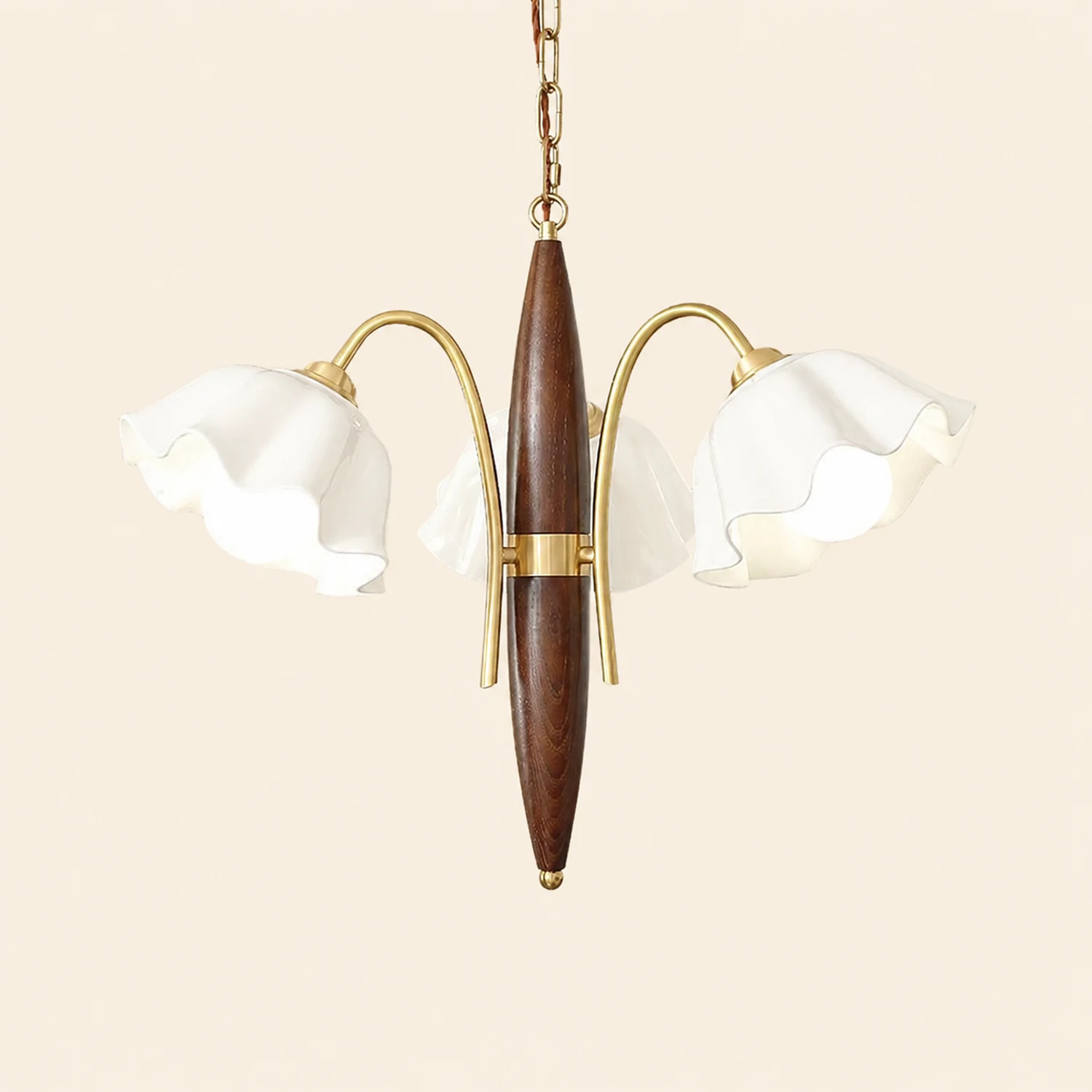 Vintage Ceramic Flower Shape Hanging Light Walnut Brass Chandelier - Lumpaz