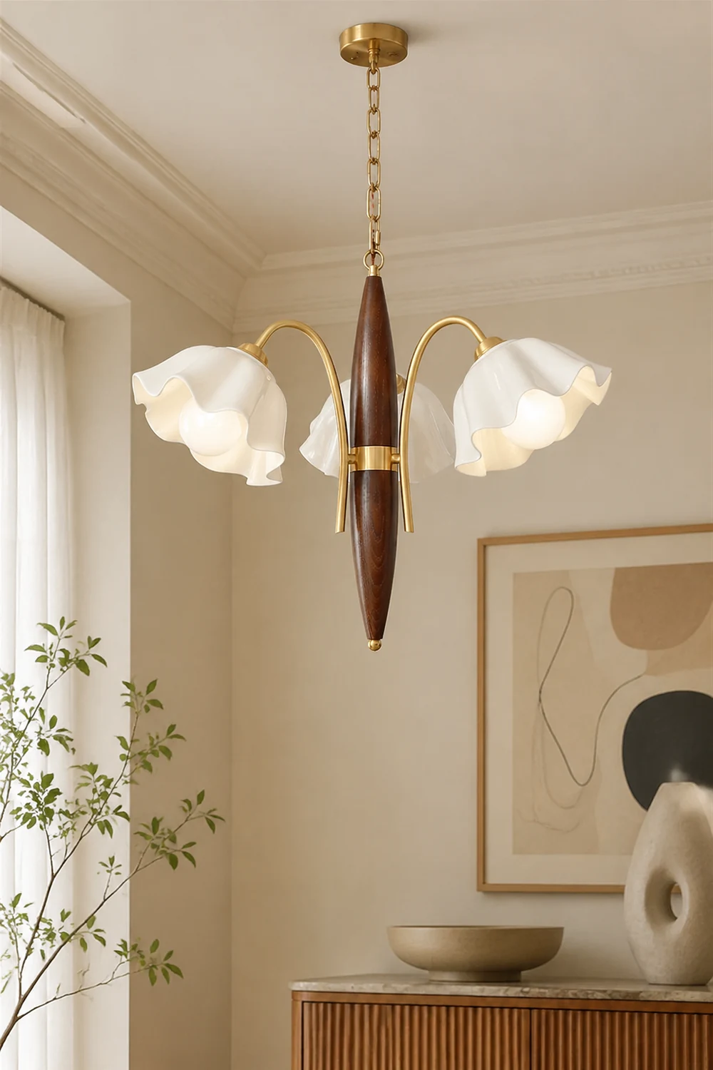 Vintage Ceramic Flower Shape Hanging Light Walnut Brass Chandelier - Lumpaz
