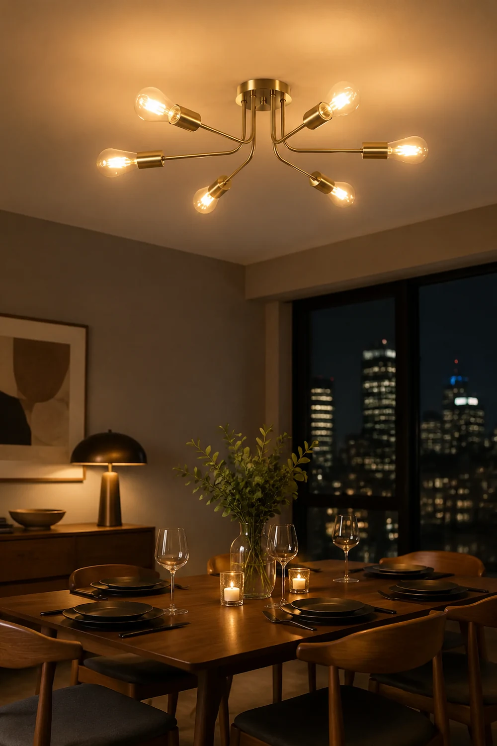 Modern 6-Light Gold Glass Semi Flush Chandelier - Lumpaz