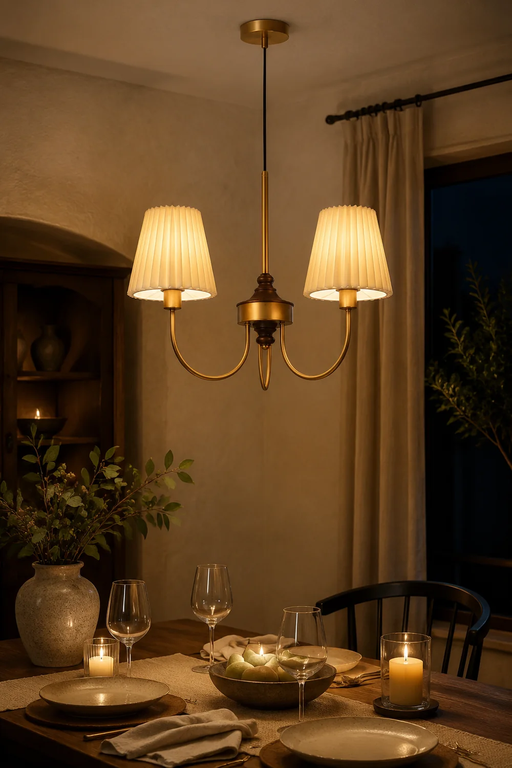 Vintage Pleated Pendant Lampshade Brass Dining Room Chandelier - Lumpaz