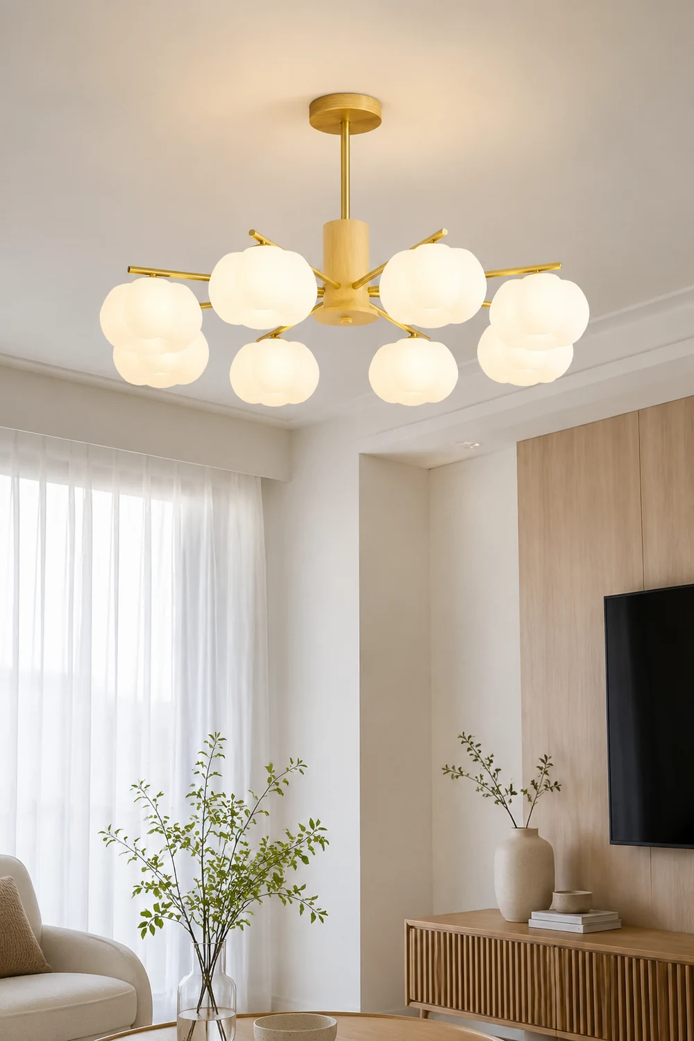 Cream Style Wooden Cotton Balls Chandelier For Living Room - Lumpaz