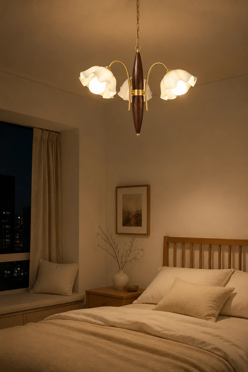 Vintage Ceramic Flower Shape Hanging Light Walnut Brass Chandelier - Lumpaz