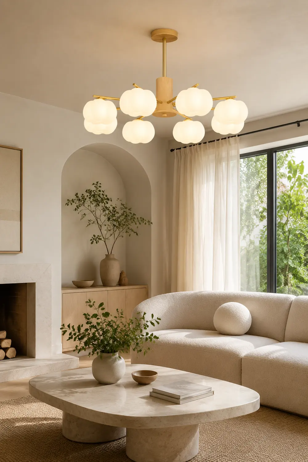Cream Style Wooden Cotton Balls Chandelier For Living Room - Lumpaz