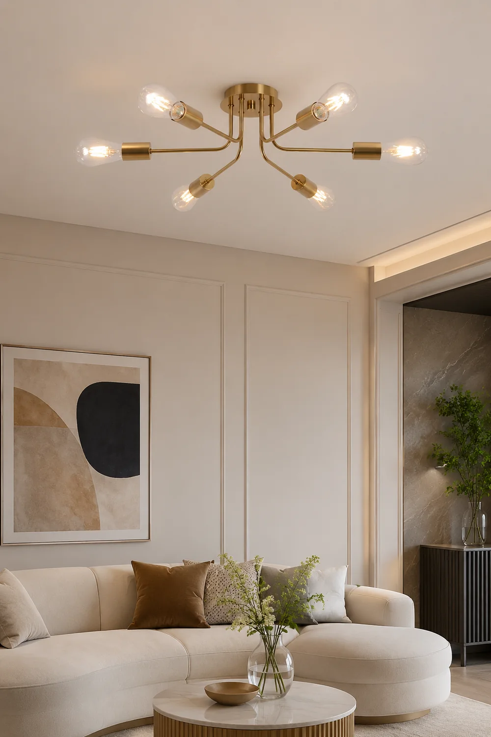 Modern 6-Light Gold Glass Semi Flush Chandelier - Lumpaz