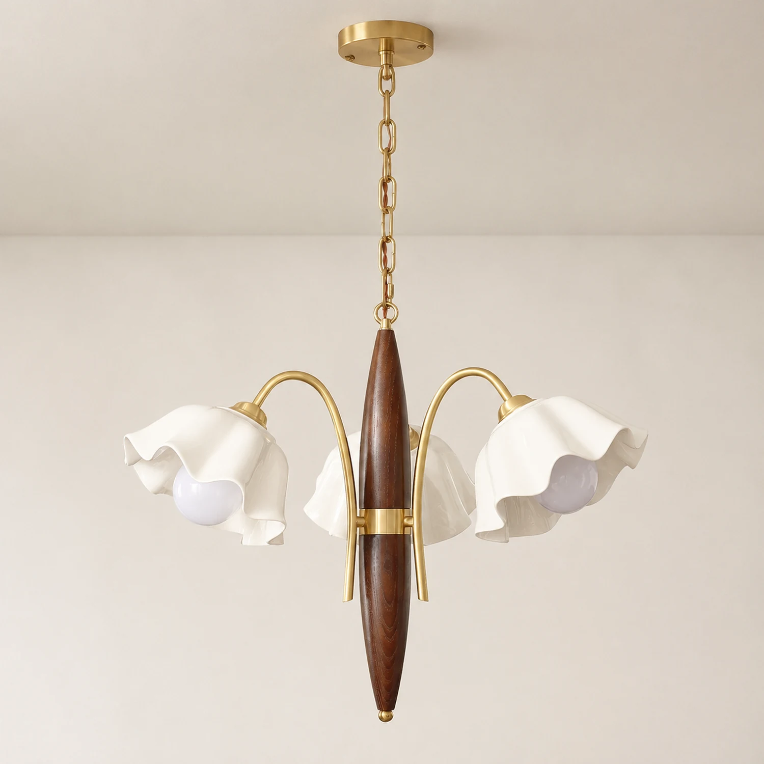 Vintage Ceramic Flower Shape Hanging Light Walnut Brass Chandelier - Lumpaz