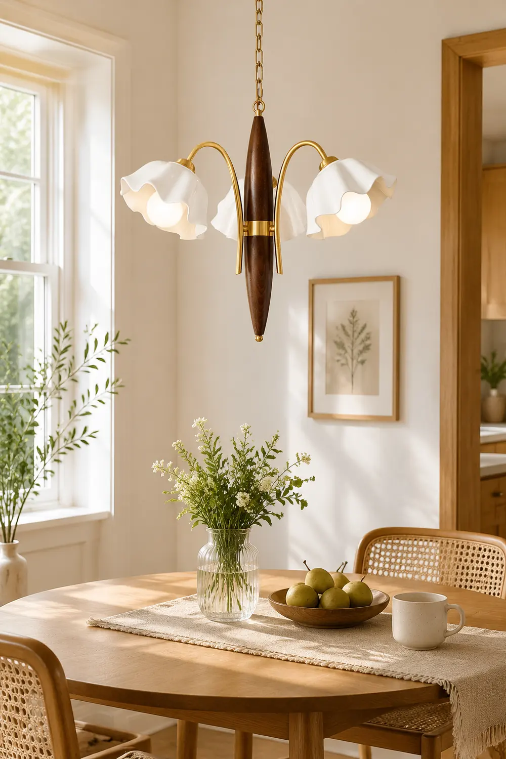 Vintage Ceramic Flower Shape Hanging Light Walnut Brass Chandelier - Lumpaz
