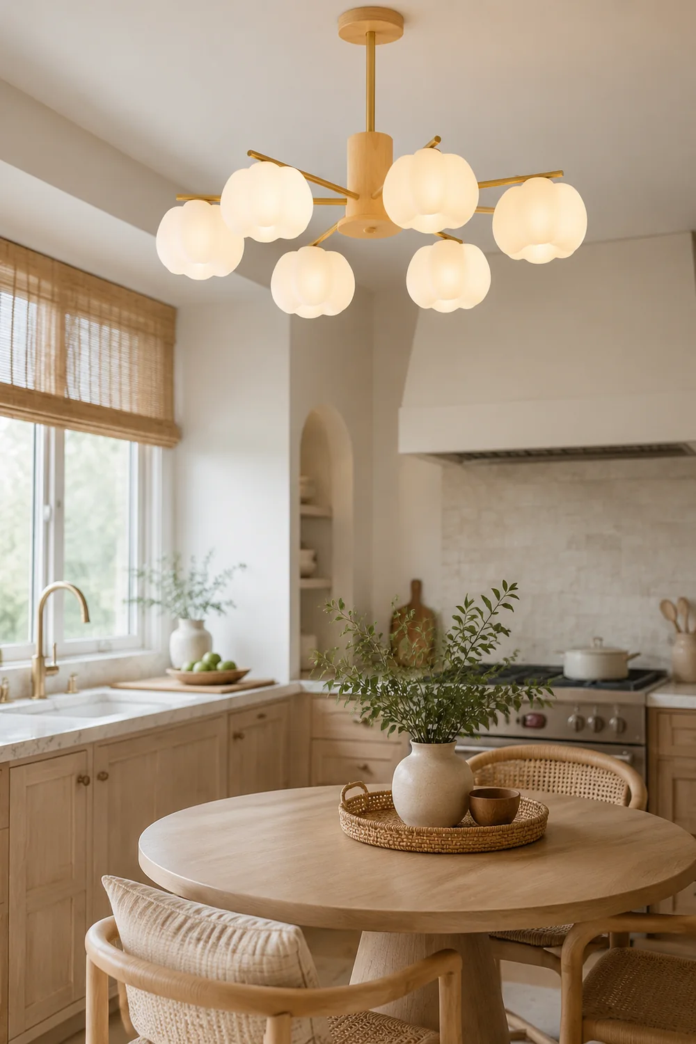 Cream Style Wooden Cotton Balls Chandelier For Living Room - Lumpaz