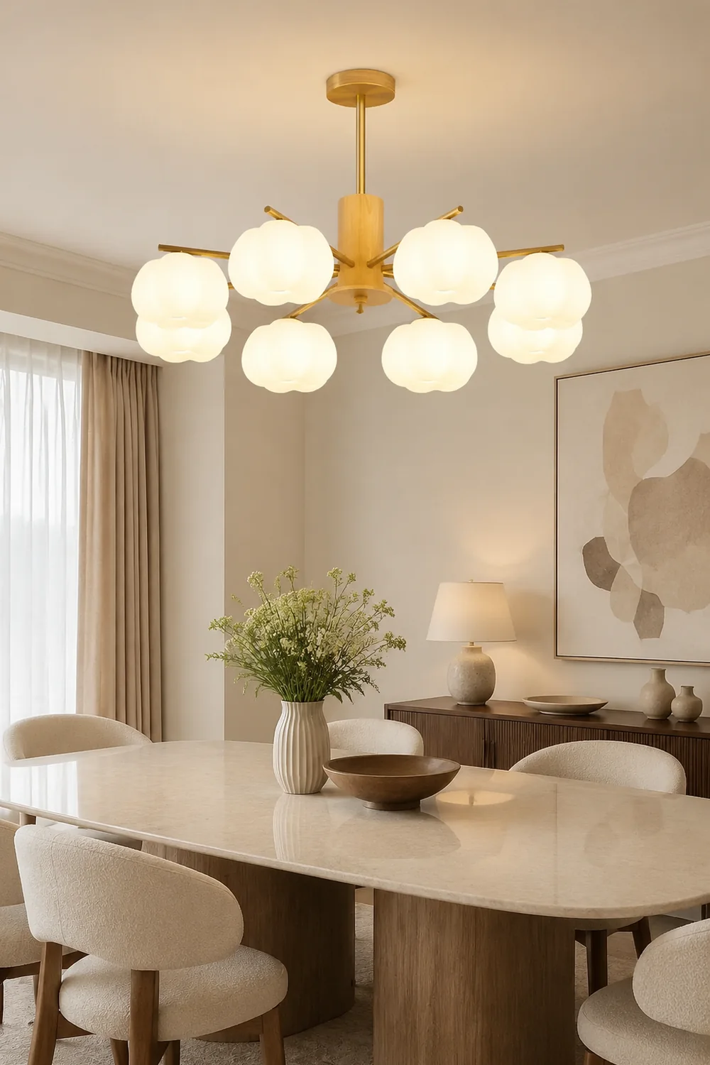 Cream Style Wooden Cotton Balls Chandelier For Living Room - Lumpaz
