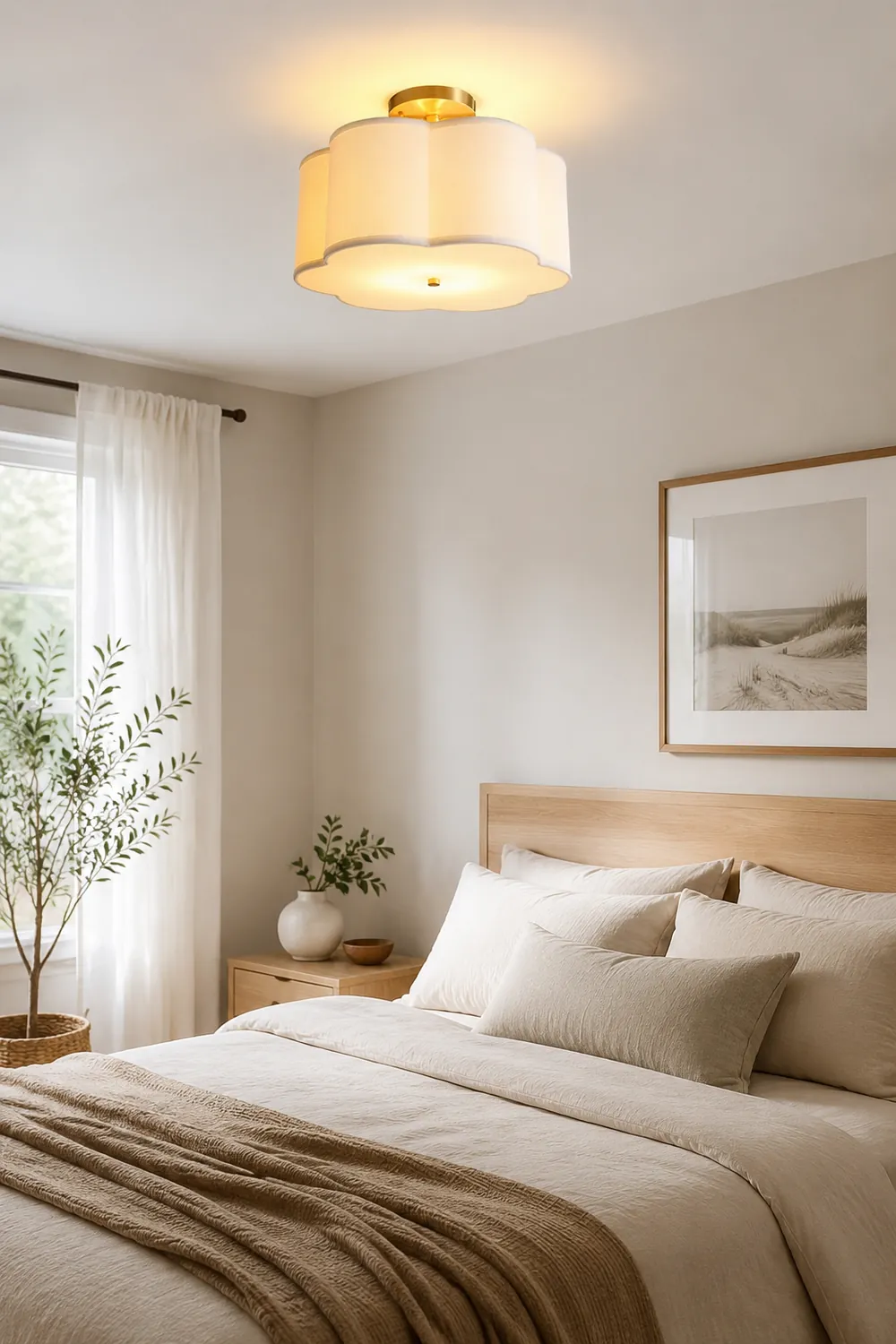 Simple White Flower Semi Flush Ceiling Light For Bedroom - Lumpaz