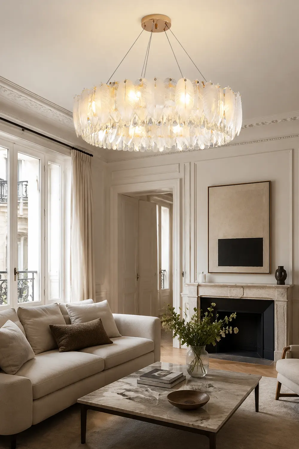 Feather Shape Crystal Glass Round Chandelier - Lumpaz