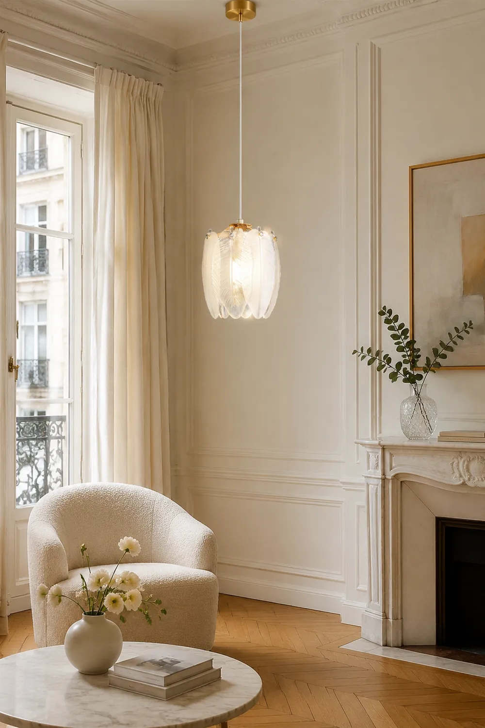French Style Feather Glass Pendant Light - Lumpaz