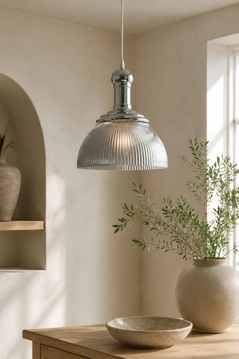 Vintage Glass Ribbed Chrome Pendant Light - Lumpaz