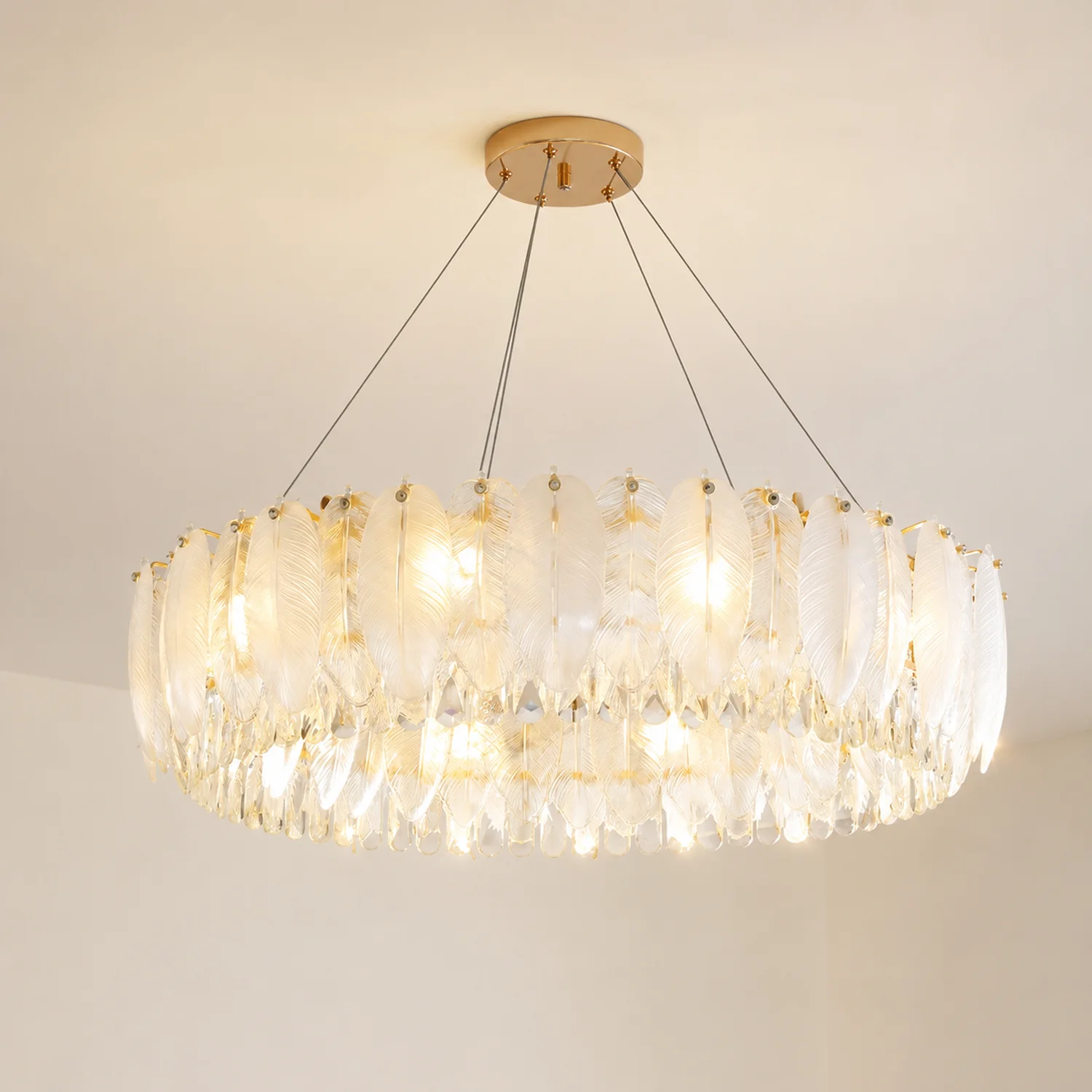 Feather Shape Crystal Glass Round Chandelier - Lumpaz