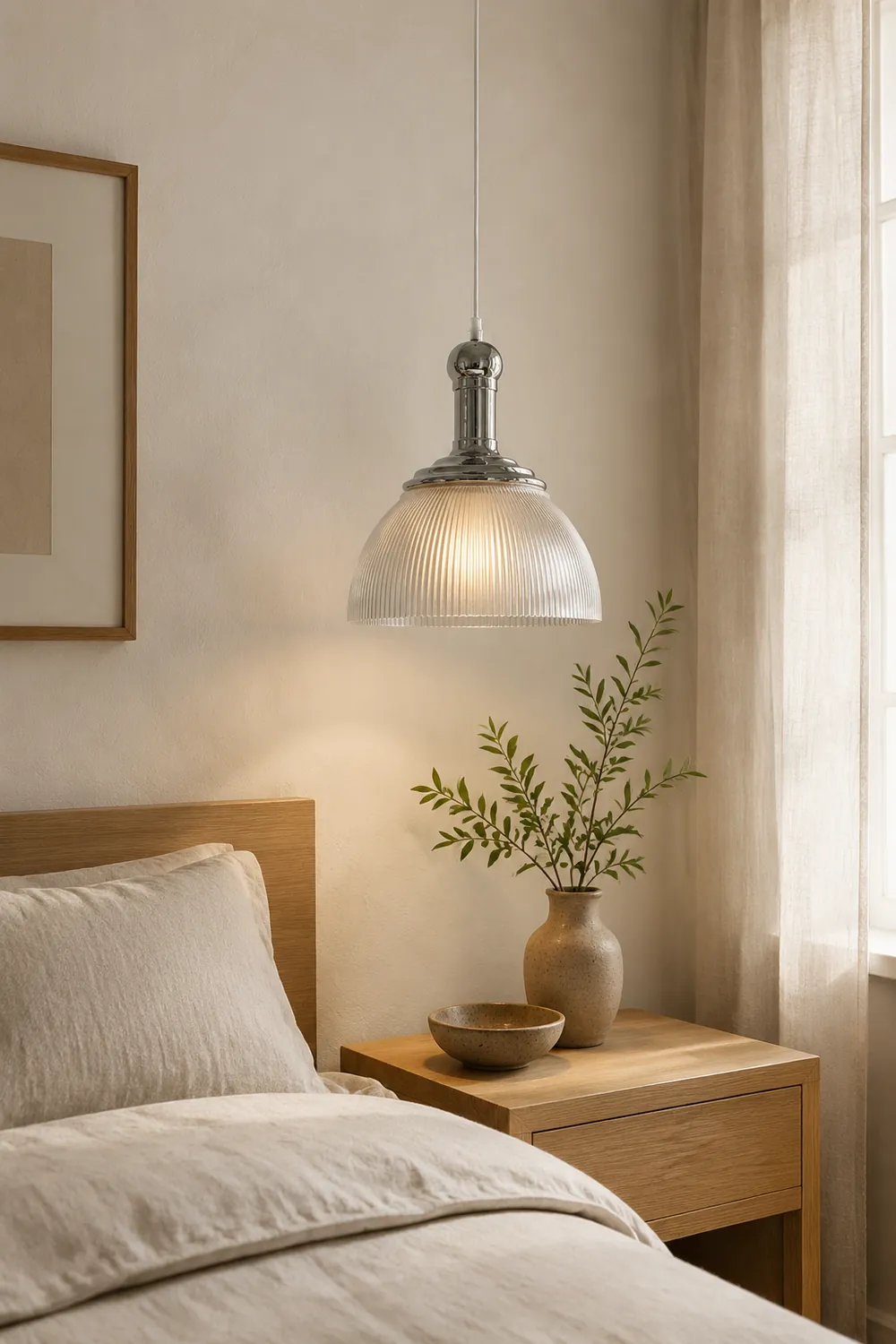 Vintage Glass Ribbed Chrome Pendant Light - Lumpaz