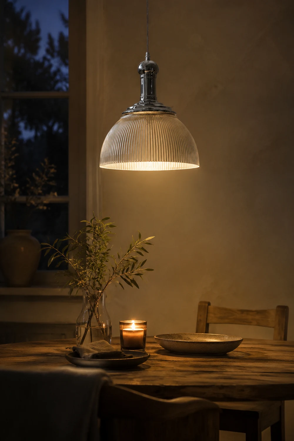 Vintage Glass Ribbed Chrome Pendant Light - Lumpaz