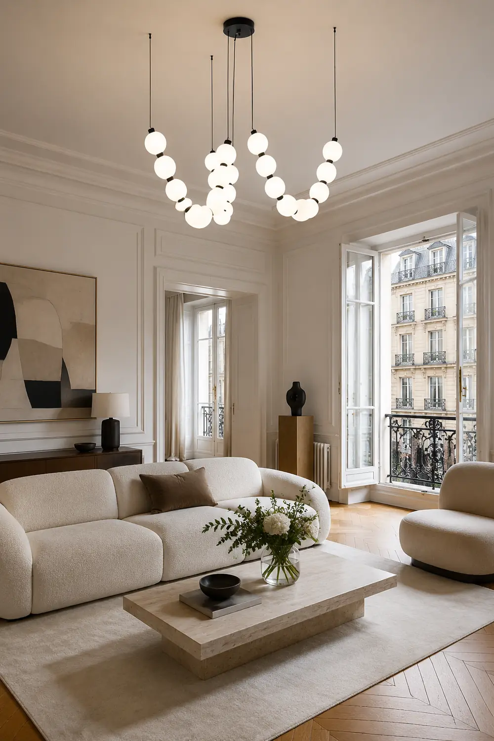 White Ball Bubble Brushed Copper Large Chandelier - Lumpaz