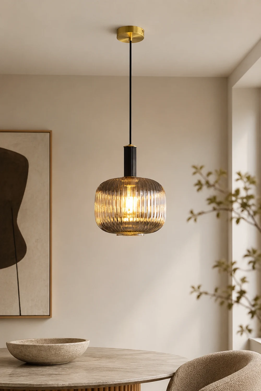 Modern Oval Ribbed Glass Pendant Light - Lumpaz