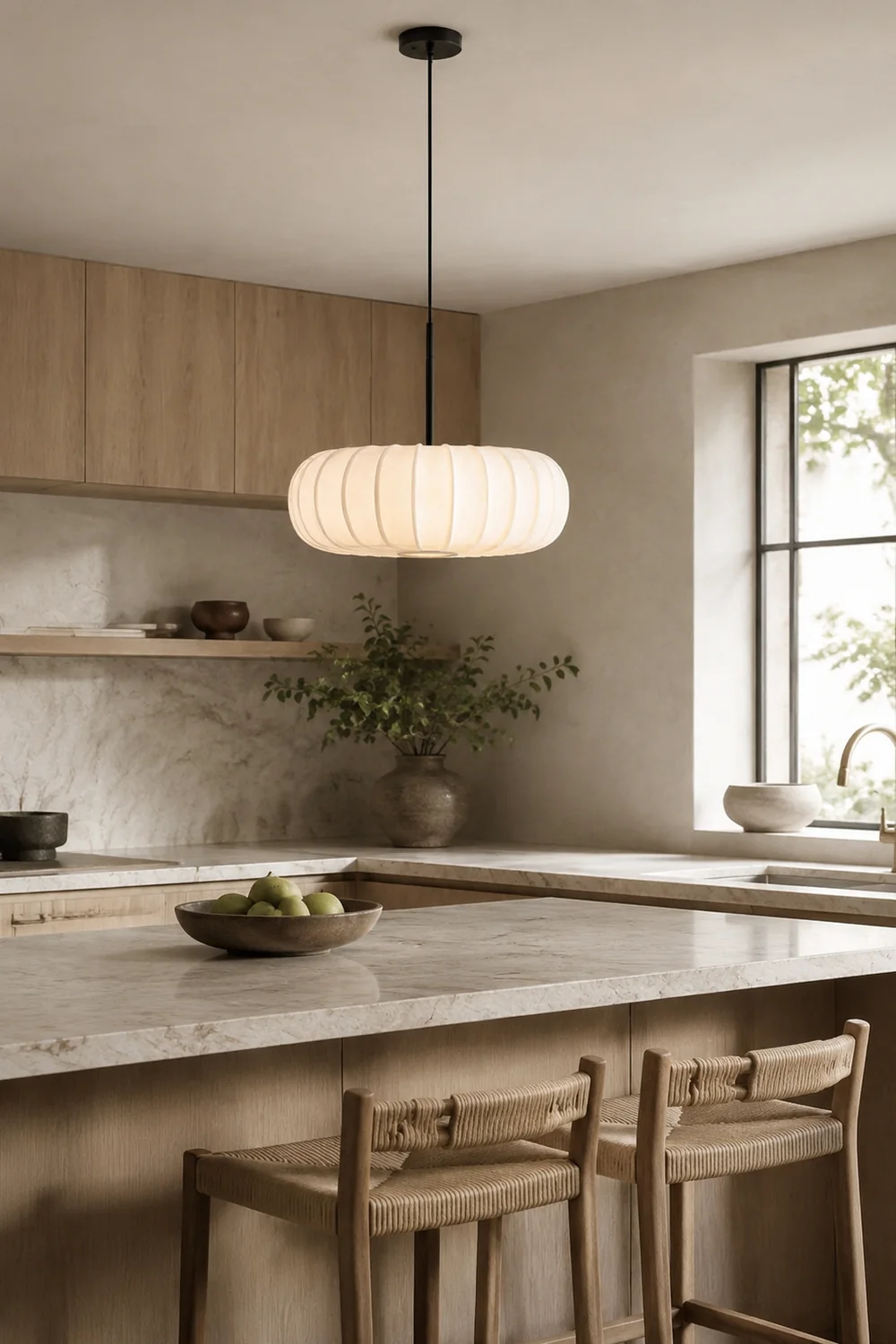 Wabi-Sabi White Fabric Drum Pendant Light - Lumpaz