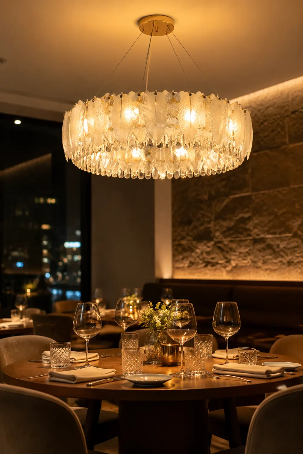 Feather Shape Crystal Glass Round Chandelier - Lumpaz