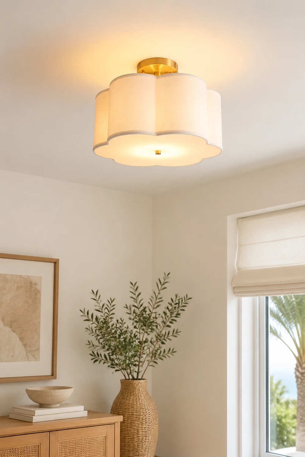 Simple White Flower Semi Flush Ceiling Light For Bedroom - Lumpaz