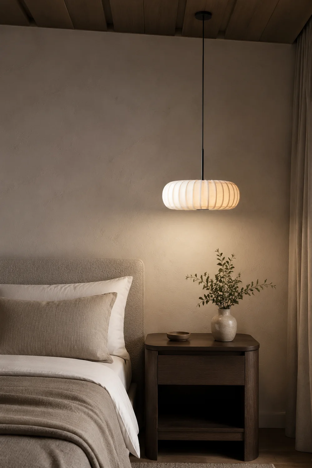Wabi-Sabi White Fabric Drum Pendant Light - Lumpaz