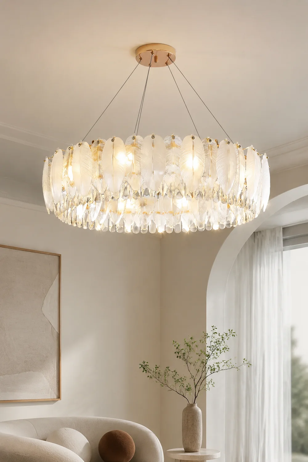 Feather Shape Crystal Glass Round Chandelier - Lumpaz