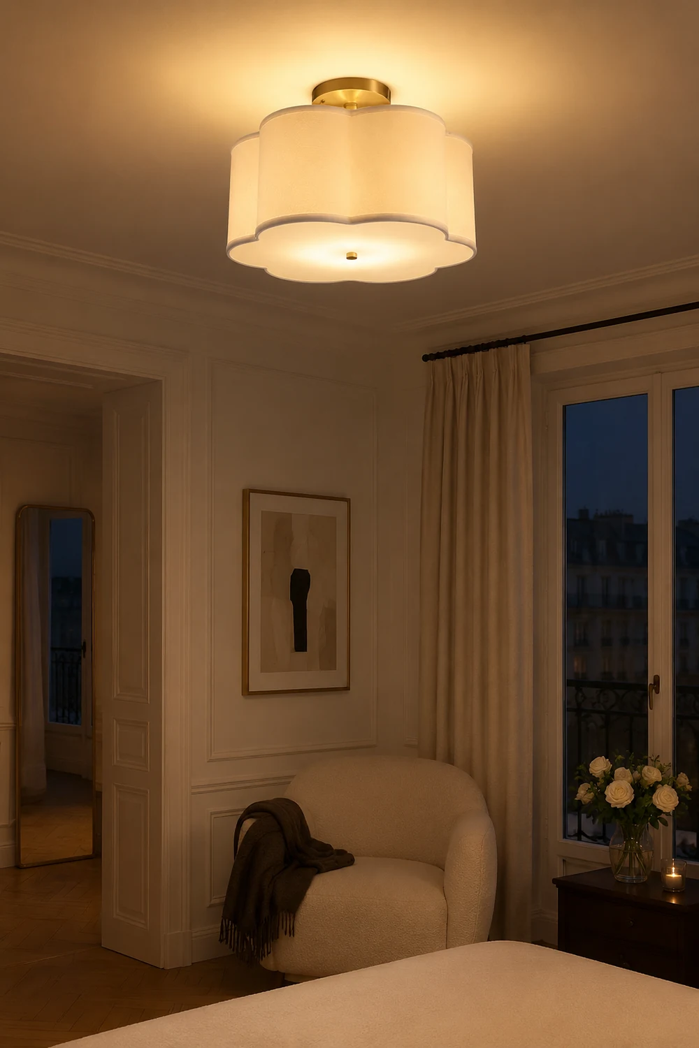 Simple White Flower Semi Flush Ceiling Light For Bedroom - Lumpaz