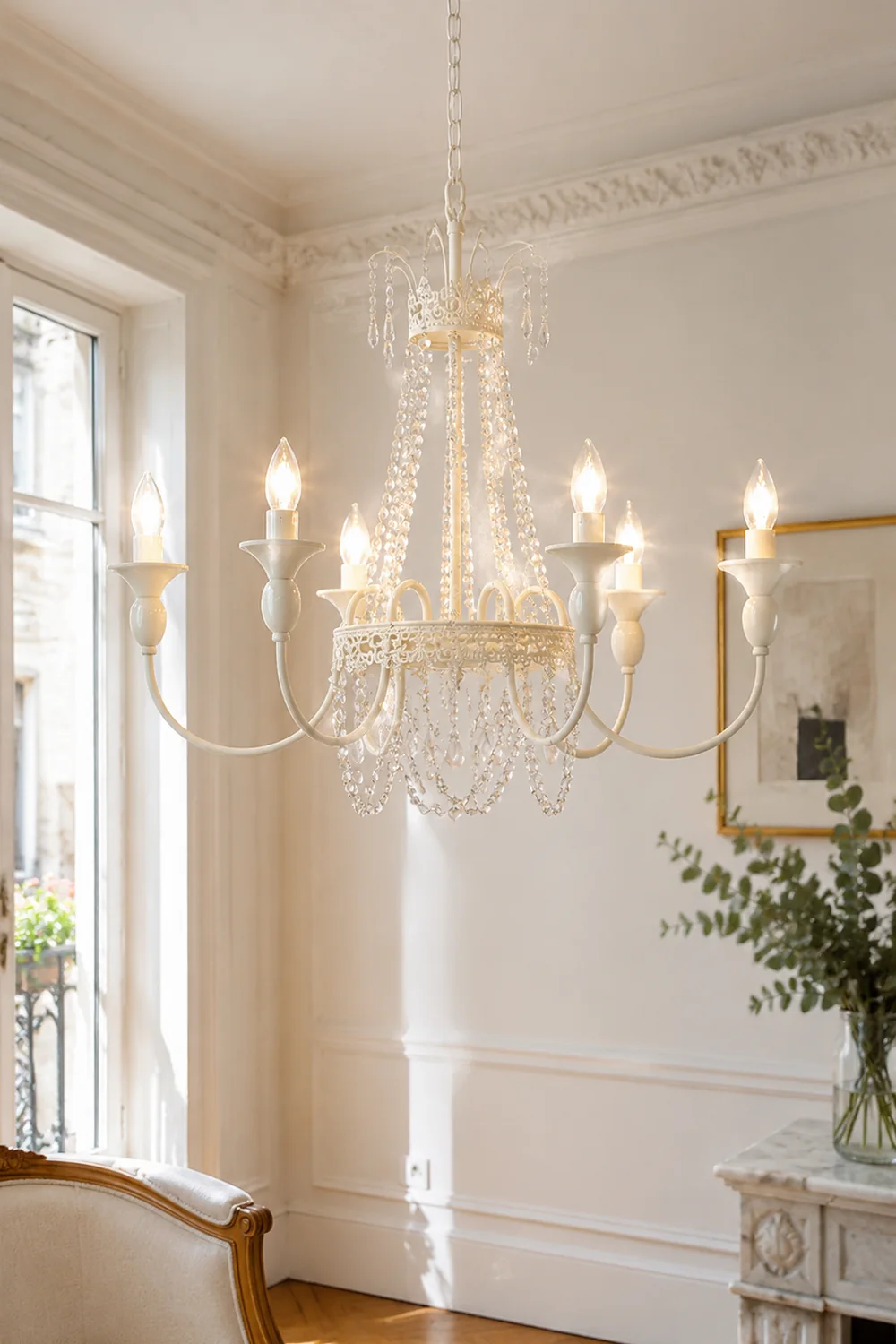 Vintage White Metal & Glass Luxury Chandelier Light - Lumpaz