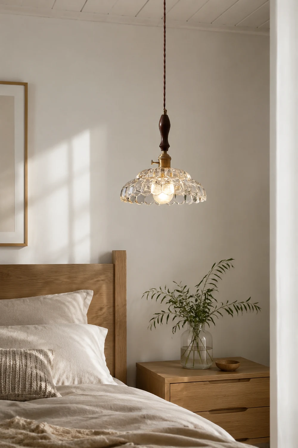 Contemporary Copper Glass Pendant Light with Wooden Handle - Lumpaz