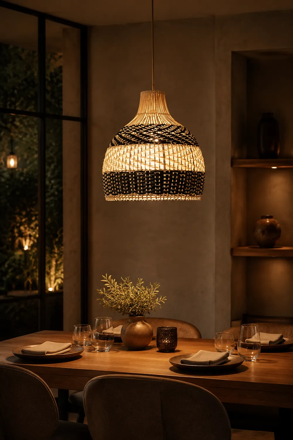 Vintage Rattan Handwoven White and Black Pendant Light - Lumpaz