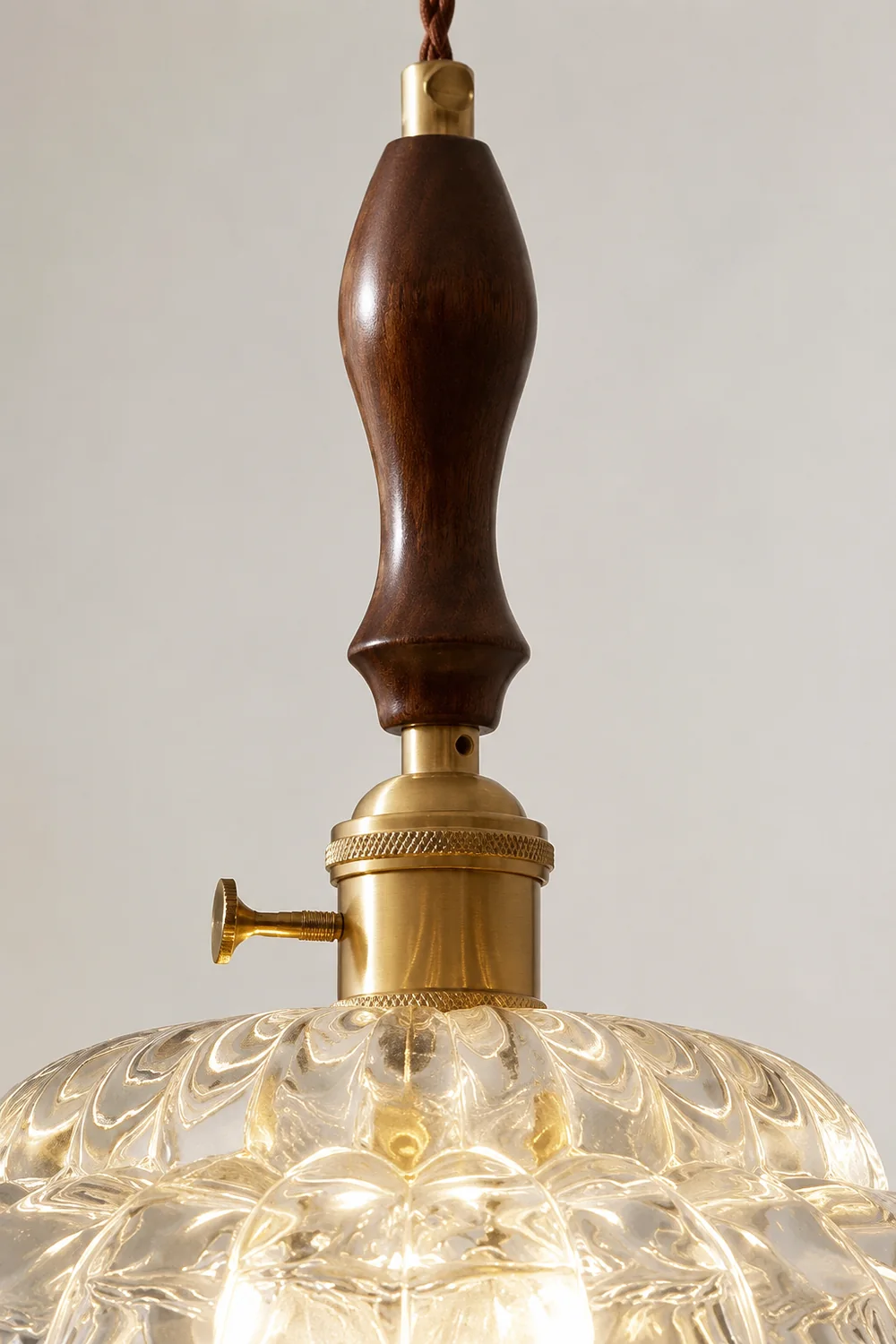 Contemporary Copper Glass Pendant Light with Wooden Handle - Lumpaz