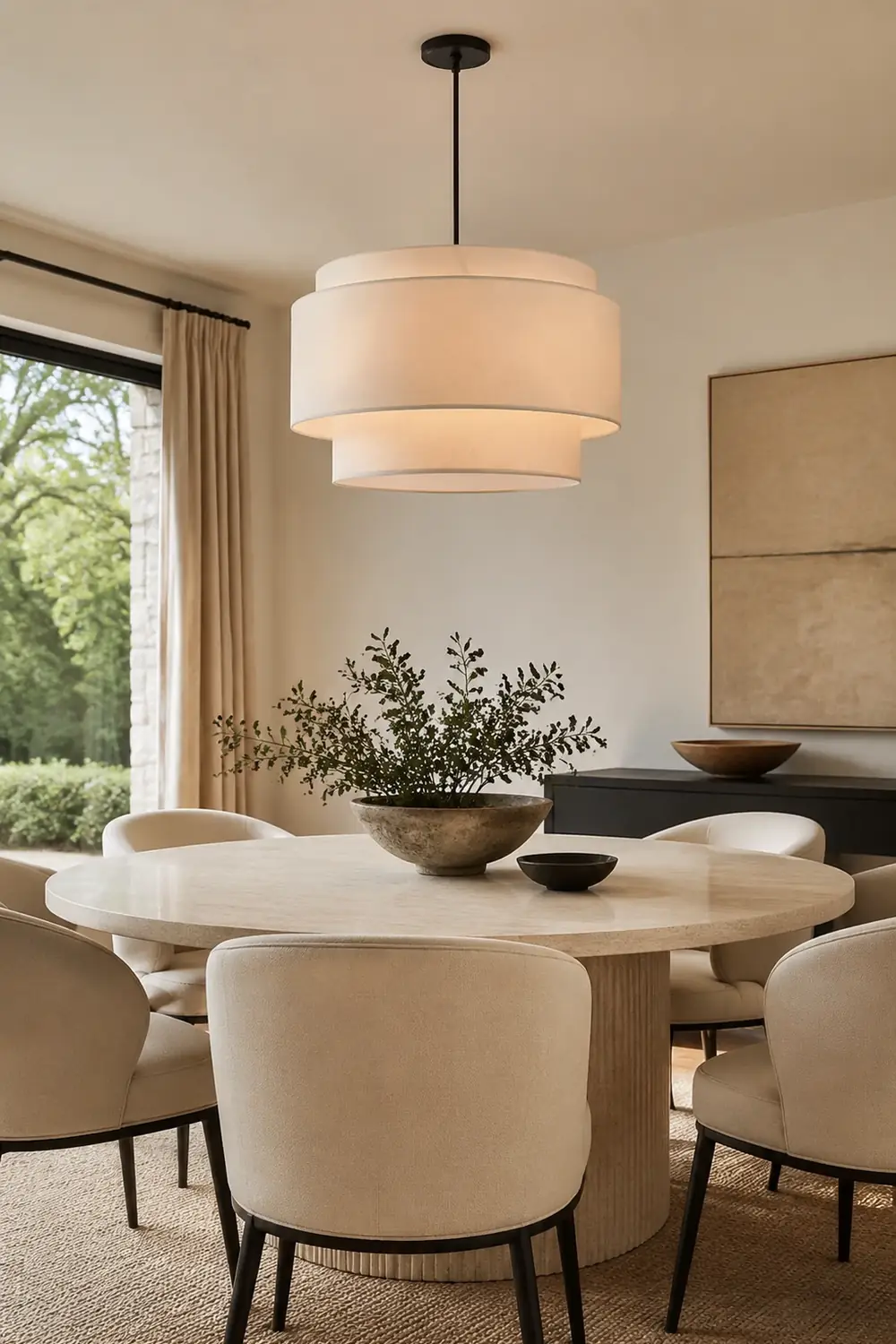Beige Tiered Linen Drum Pendant Light - Lumpaz