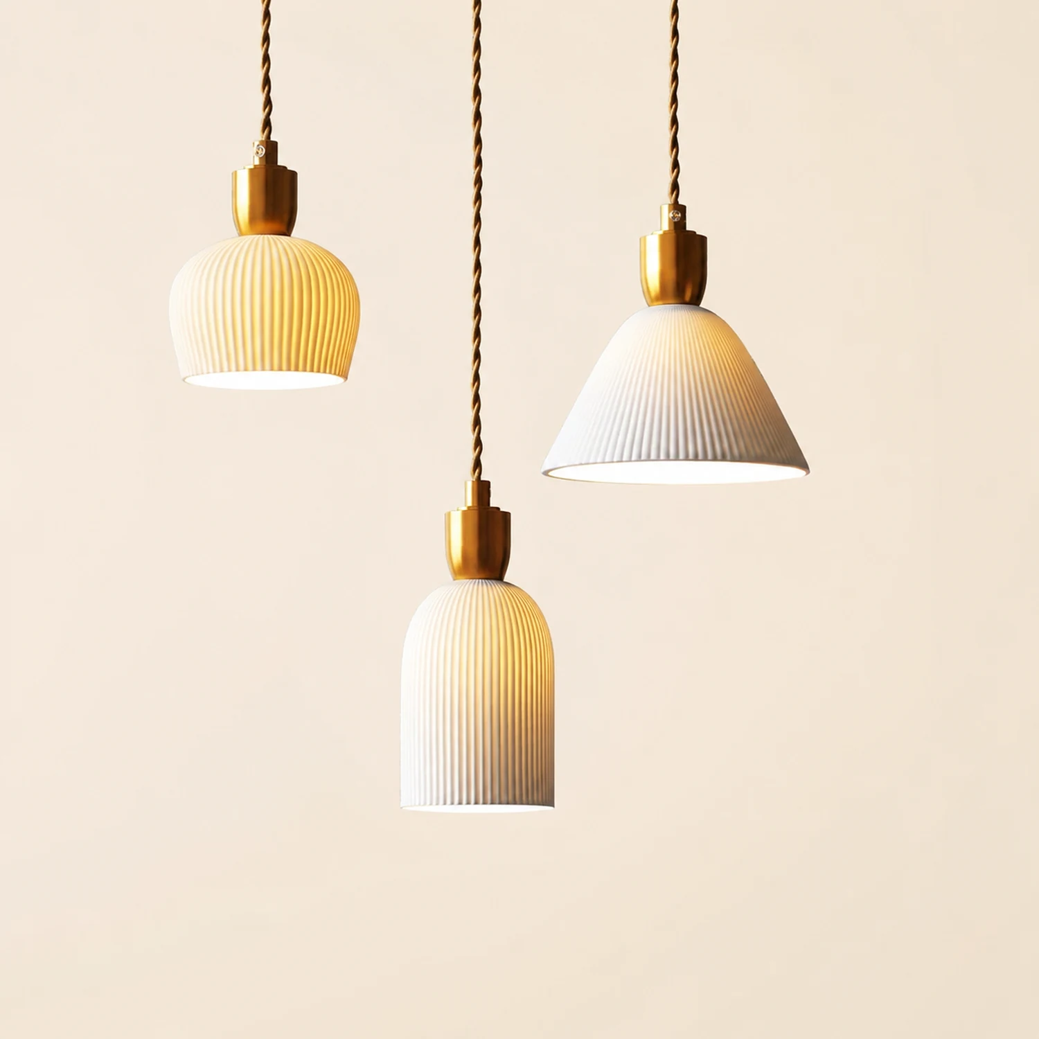 Retro Pleated Ceramic Brass Cocoon Pendant Lamp - Lumpaz