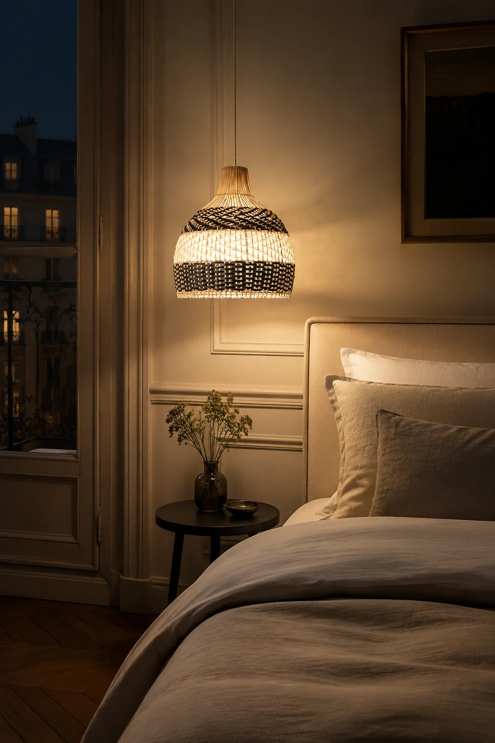 Vintage Rattan Handwoven White and Black Pendant Light - Lumpaz