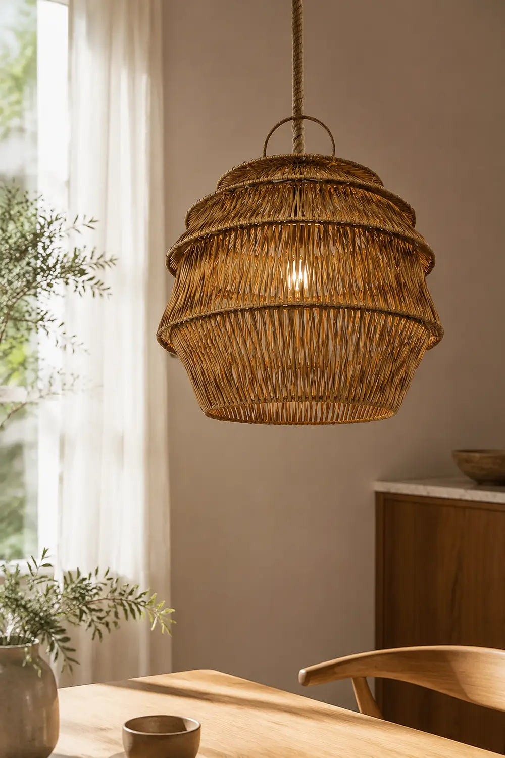 Retro Rattan Basket Pendant Light For Living Room - Lumpaz