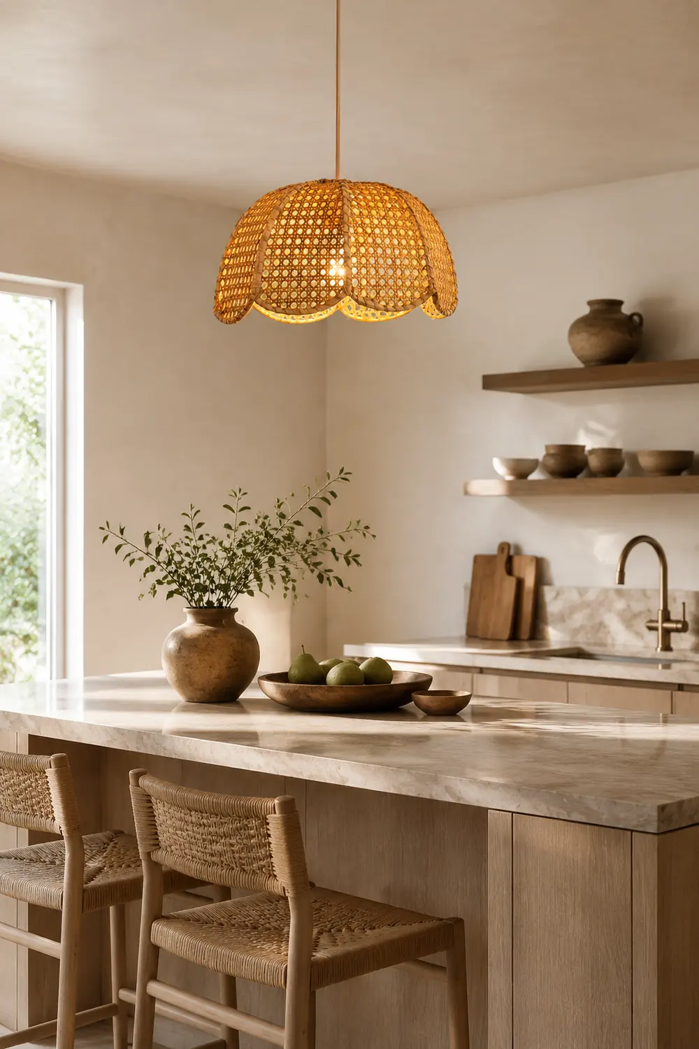 Short Round Rattan Natural Woven Lampshade Pendant Light - Lumpaz