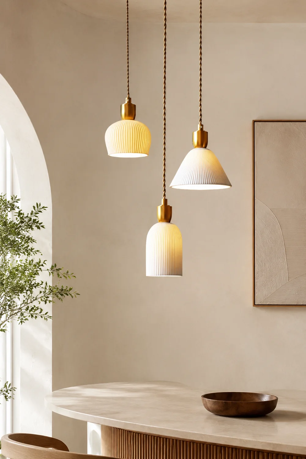 Retro Pleated Ceramic Brass Cocoon Pendant Lamp - Lumpaz